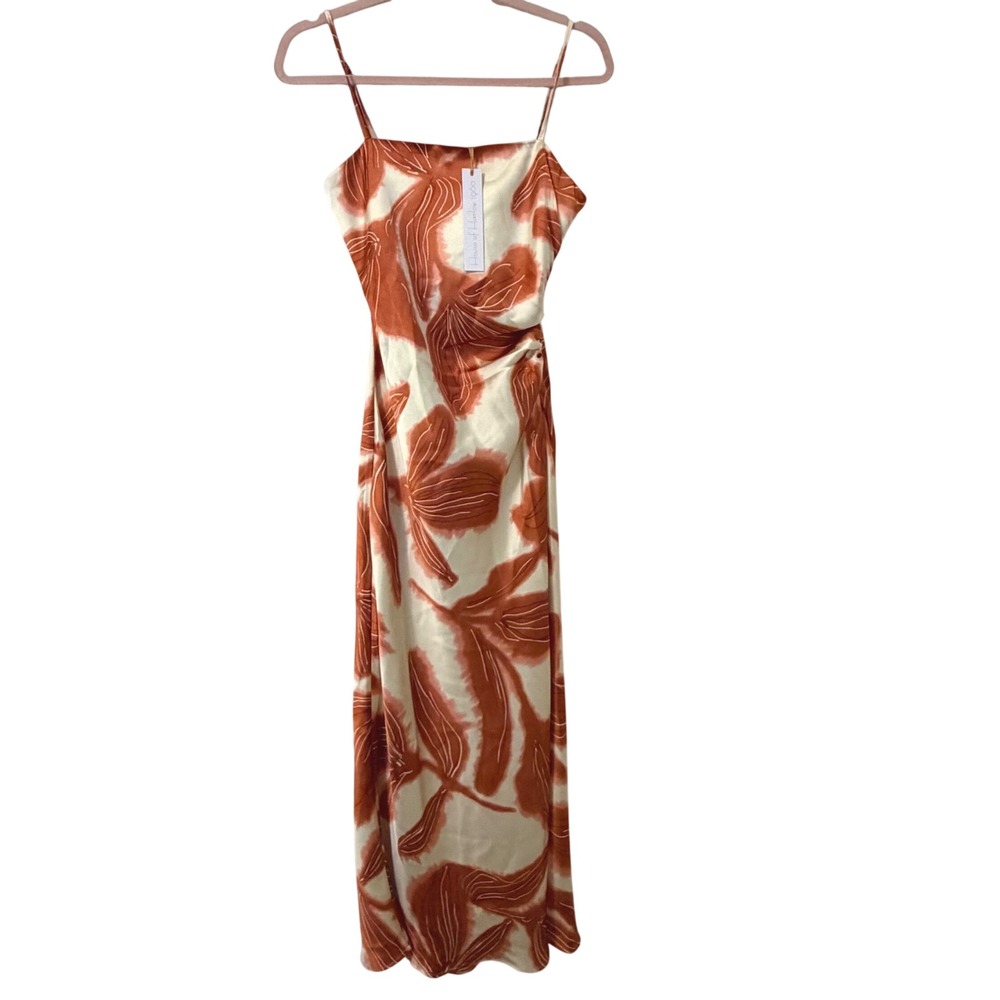 House of Harlow 1960 Orange Floral‎ Satin Maxi Dress Ruched Side Slit XS NWT